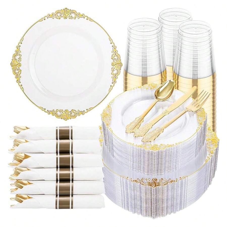 Clear Plastic Plates & Silverware Set - 350pc Disposable Dinnerware For 50 Guests - As Picture/Z - View 1