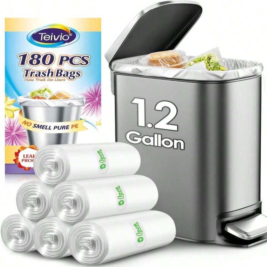 1.2 Gallon 180 Counts Small Strong Trash Bags 5 Liter Garbage Bags By Teivio, Bathroom Trash Can Bin Liners, Plastic Bags For Home Office Kitchen, Clear