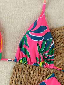 Summer New Women's Tropical Floral Print Halter Tie Sexy Casual Beach Resort Party Bikini Swimsuit Set Vacation - Multicolor - View 4