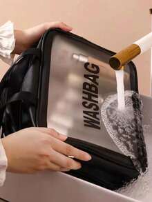 1 pièce Sac de toilette noir en PU à séparation sèche et humide, transparent et imperméable, à double couche, grande capacité, multifonction, sac de rangement pour le maquillage, sac de sport et de natation portable pour hommes et femmes