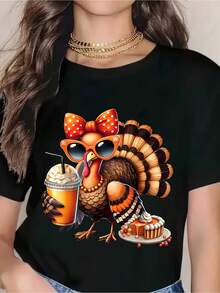 Funny Turkey With Coffee And Pie T-Shirt - Thanksgiving Day Cartoon Turkey Design For Women, Holiday Gift, Autumn Festival Wear, Cute Animal Print Tee Shirt