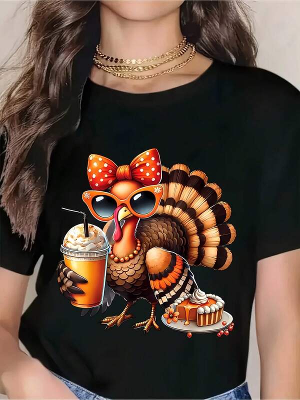 Funny Turkey With Coffee And Pie T-Shirt - Thanksgiving Day Cartoon Turkey Design For Women, Holiday Gift, Autumn Festival Wear, Cute Animal Print Tee Shirt