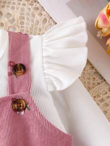 3 件套女婴套装:纯色长袖 T 恤上衣、带 3D 蝴蝶结装饰的花卉背带裙和蝴蝶结头带 - 粉色 - 查看 7