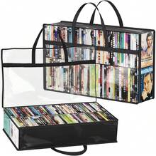 Lifewit - Bolsas de almacenamiento de DVD, 2 unidades, organizador de DVD de plástico de PVC transparente con asas y cierre, soporte multimedia para discos Blu Ray, fundas de películas, cajas VHS, - negro - Ver 1