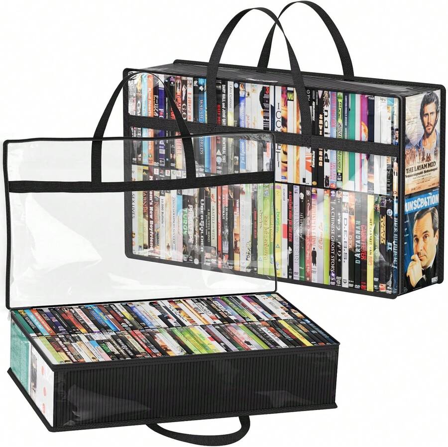 Lifewit - Bolsas de almacenamiento de DVD, 2 unidades, organizador de DVD de plástico de PVC transparente con asas y cierre, soporte multimedia para discos Blu Ray, fundas de películas, cajas VHS, - negro - Ver 1