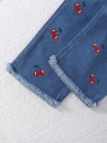 2pcs Baby Girls' Fashion Doll Collar Button Cardigan And Casual Retro Cherry Print Loose Wide-Leg Jeans Pants Set, Spring/Summer - Dark Wash - View 4