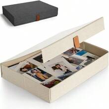 Cajas decorativas de almacenamiento de fotos con tapas, juego de 2 hermosos organizadores de lino son perfectos para almacenar de forma segura tus fotos, documentos, suministros de lbumes de recortes, recuerdos y otros recuerdos con estilo - L + Marfil - Ver 2