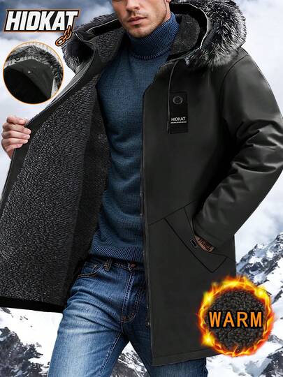 Hidkat Men's Winter Thermal Lined Hooded Jacket With Removable Fur Collar, Zip-Up Mid-Length Parka Coat For Casual, Outdoor, Camping, Skiing