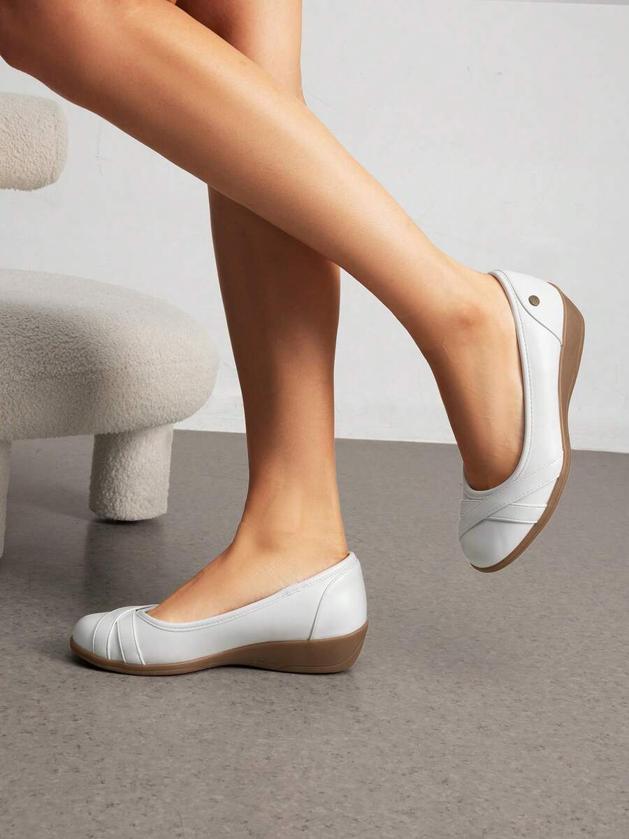 Women Wedge Flats 1.5 Inch Heel Classic Comfortable Dress Business Office Work Arch Support Ballet Flats Shoes - 白色 - 查看 1