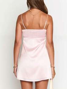 Women Satin Homecoming Dress Spaghetti Strap Mini Prom Dress For Teens Square Neck Pleated Short Party Dresses - Pink - View 3