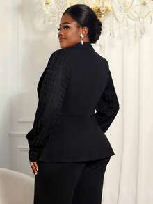 Women's Plus Size Stylish Black Peplum Coat V Neck Bishop Sleeve Jacquard Ruffle Detail Knitted Fabric Long Sleeve Button Closure Button Blazer