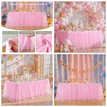 6FT Length White Tulle Table Skirt Rectangle Round Tables 2 - Layer Ruffle Tulle Tutu Cloth Desk Table Skirt Shower Birthday Party Wedding Cake Dessert Decorations
