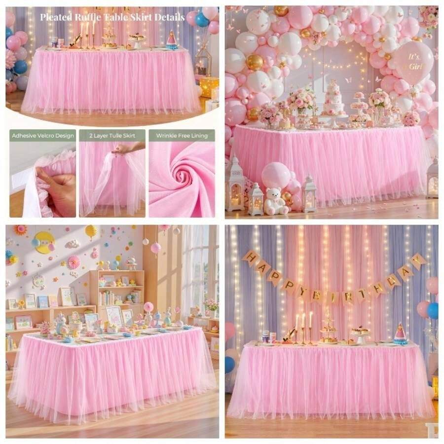 6FT Length White Tulle Table Skirt Rectangle Round Tables 2 - Layer Ruffle Tulle Tutu Cloth Desk Table Skirt Shower Birthday Party Wedding Cake Dessert Decorations