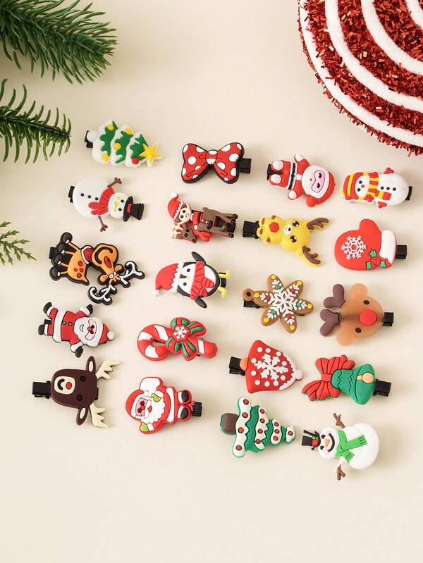 20pcs/Set Cute Cartoon Soft Clay Christmas Hair Clips, Side Bangs Clips, Hair Accessories For Girls, Suitable For Christmas Party And Gifts (Assorted Patterns)