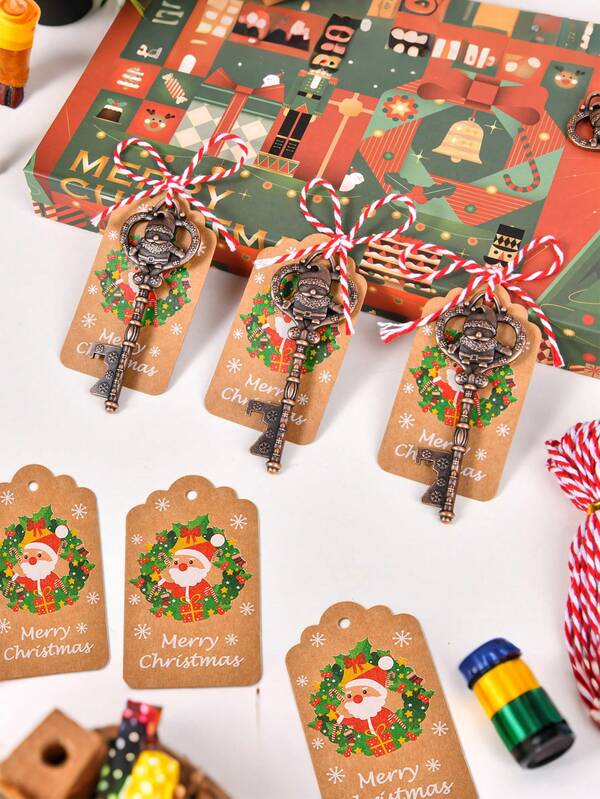 10 sets (30 piezas) Abrebotellas con forma de llave de Navidad, decoración de fiesta de árbol de Navidad, regalo, llaves de Santa, campanas de Navidad, abrebotellas, decoración con tarjetas y cuerdas para recuerdos de fiesta de Navidad - Juego de llave mágica de Santa, abrebotellas, colgante, adornos de llavero para árbol de Navidad y decoración del hogar con chimenea