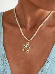 1 pieza Collar con colgante de estrella de mar de perla dorada, adecuado para uso diario de mujeres