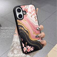 أنيق وأنيق! غطاء هاتف بنقوش زهور رخامية متوافق مع أبل وآخرين، إطار أسود، يتميز بزهور الكرز الوردية والملمس الرخامي الأسود والوردي والذهبي، فتحات دقيقة للاستخدام السلس، يشع جواً راقياً وكلاسيكياً لمستخدمي أبل أو غيرهم