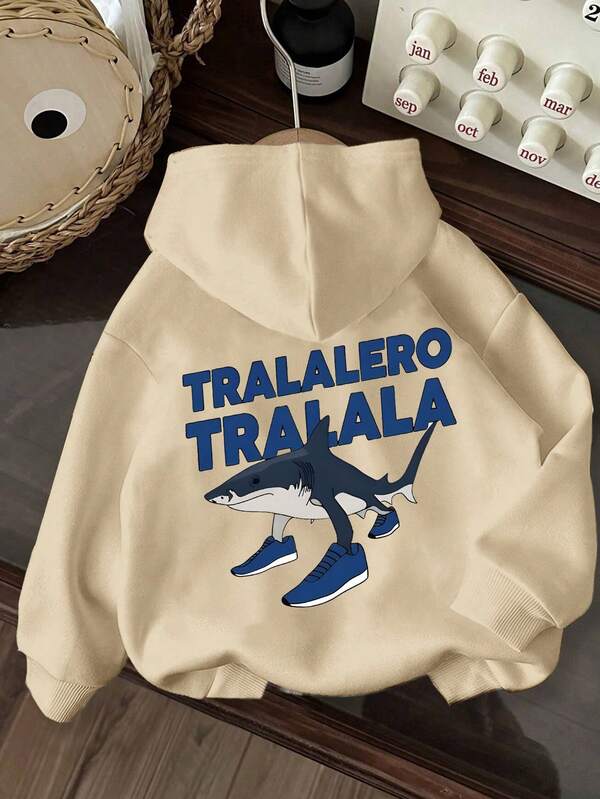 Tween Boy Casual Simple Shark Print Hoodie Boys Long Sleeve Sweatshirt Autumn And Winter Student Style