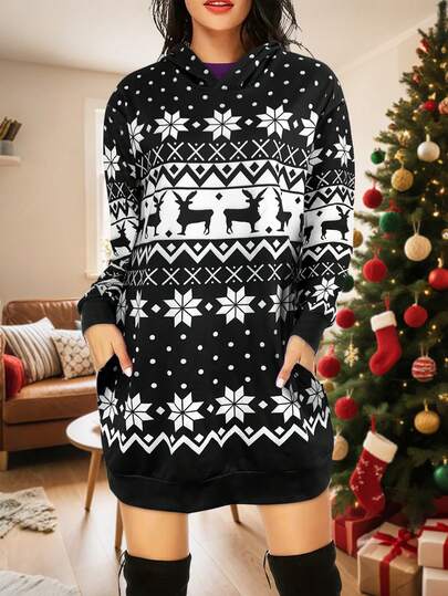 Damen Langarm Kapuzen Sweatshirt Kleid, geometrisches Muster mit Taschen, ideal für Lässig & Herbst, Must-Have Herbstgarderobe, stilvoller Komfort, Lässig Herbst Kleider für Damen, Business Lässig Outfits für Damen