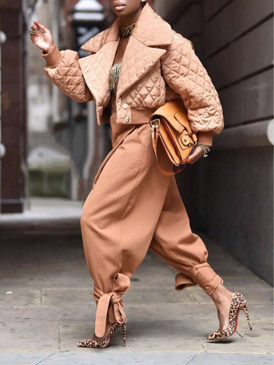 Valentine's Day, Date Night Outfit, Gifts For Her Magic Mia Women's Winter Quilted Cropped Jacket - Lapel Collar Short Puffer Coat With Diamond Pattern | Fall Winter Outerwear For Casual Street Style & Daily Warmth - Màu Khaki - Xem 1