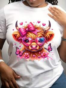 Cute Highland Cow With Heart Glasses And Pink Bow Graphic Shirt For Valentine's Day And Romantic Occasions, 220g - White - View 1
