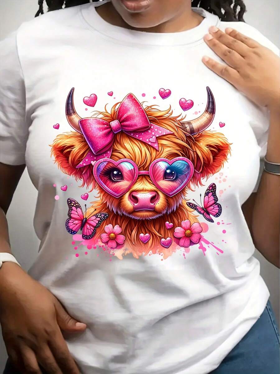 Cute Highland Cow With Heart Glasses And Pink Bow Graphic Shirt For Valentine's Day And Romantic Occasions, 220g - White - View 1