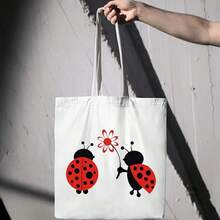 Women's Large Capacity Tote Bag - Cute Ladybug Floral Print Design, Durable Polyester Canvas Handbag, Suitable For Beach, Gym, Daily Use - Mother's Day Gift, Reusable Shopping Bag, Open Design, Sturdy Handle, Machine Washable - Beige Tote Bag, Essential For Students And Women - Màu be - Xem 6