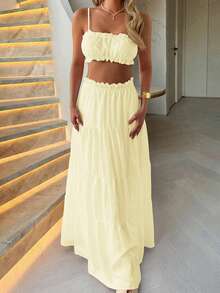 Look Polly Damen Zweiteiler, einfarbiges trägerloses Camisole Top und langer Rock, Frauenkleider Kleidung für Schule, buttergelbe Herbstkleidung für Frauen Kirchenkleid für Frauen Urlaubsstil Konzertoutfits für Frauen Casual, Loungewear-Sets für Frauen Weihnachten Thanksgiving elegantes Frauenset Strandset stilvolle Bekleidungskollektion Neujahrsoutfit