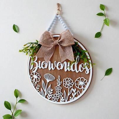 1 Stück grünes Blatt Schleife Blumen 3D geschnitztes Holz Türschild Plakette, spanischer Willkommensgruß Wanddekoration (9.06" rund), geeignet für Eingangsbereich, Wand, Zimmer, Zuhause, Wohnzimmer, Schlafzimmer, Thanksgiving, Weihnachtsgeschenk für Freunde und Familie