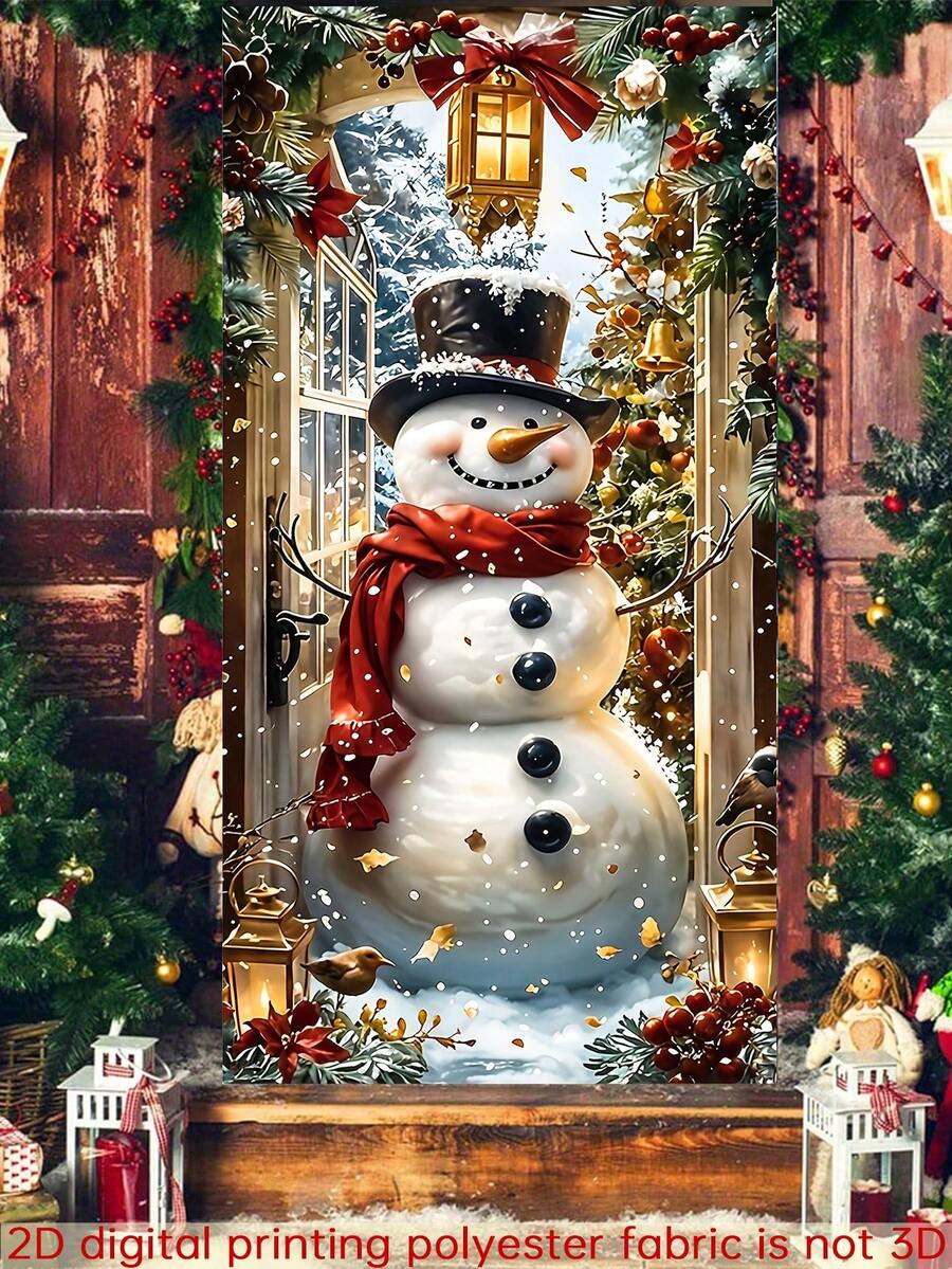 1 件复古雪人主题圣诞门横幅,温暖节日风格涤纶垂直门盖圣诞新年派对用品,前门装饰带圣诞灯笼、松果和浆果元素,多功能门装饰,适合平安夜、节日派对、节日派对、室内聚会 - 杏色 - 查看 1