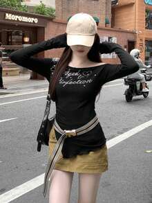 复古美式坏蛋不对称字母水钻缀饰长袖T恤，修身斜肩上衣，适合初秋 - 黑色 - 查看 5