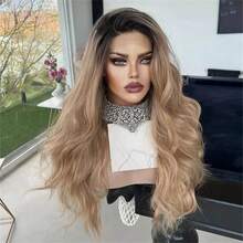 Farbverlauf Aschblond Perücken mit braunen Highlights 13x4 Lace Front Perücke lange Körperwelle frei stylen vorgerupft synthetische Fasern 26 Zoll für Frauen - Markieren Sie Blond - Übersicht 6
