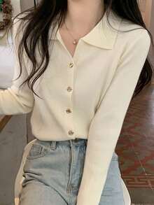 Elegante jersey de manga larga con cuello en V y solapa para mujer. Top chic de otoño/invierno con escote semiabierto. Jersey de capa base Jerséis de Mujer Tops de Punto para Mujer - Albaricoque - Ver 2