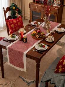 1 pieza Camino de mesa navideño rojo con diseño geométrico jacquard, decoración navideña de granja vintage con flecos, adecuado para Navidad, reuniones familiares, fiestas de hotel, cenas de boda, decoración de mesa de comedor, decoración del hogar, decoración del ambiente navideño, Feliz Navidad - Rojo - Ver 10