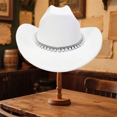 Women Men Wide Brim Fedora Hat Rhinestone Chain Wool Hat Felt Jazz Cap For Party