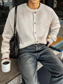 Unisex Casual Loose Fit Solid Color Round Neck Ribbed Long Sleeve Drop Shoulder Button-Up Knit Cardigan, Autumn/Winter - Apricot - View 1