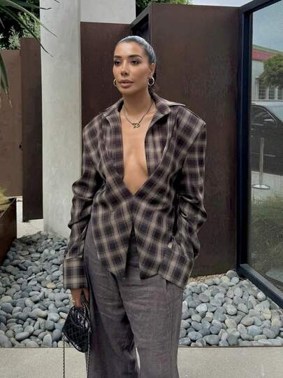 Womens Plaid Ruffle V Neck Button Down Blouse Casual Long Sleeve Gingham  Tops Work Checkered Shirt