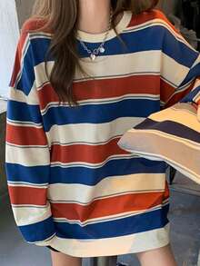 Camiseta informal de poliéster acanalado con cuello redondo, hombros caídos y manga larga a rayas para mujer, con elasticidad media, para uso diario. - Rojo - Ver 5
