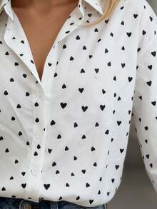 SUNSTORY Women's White Heart Print Collared Long Sleeve Shirt, Fresh Casual Style, Suitable For Holiday Outings, Gatherings, Beach, Daily Commute - White - View 3