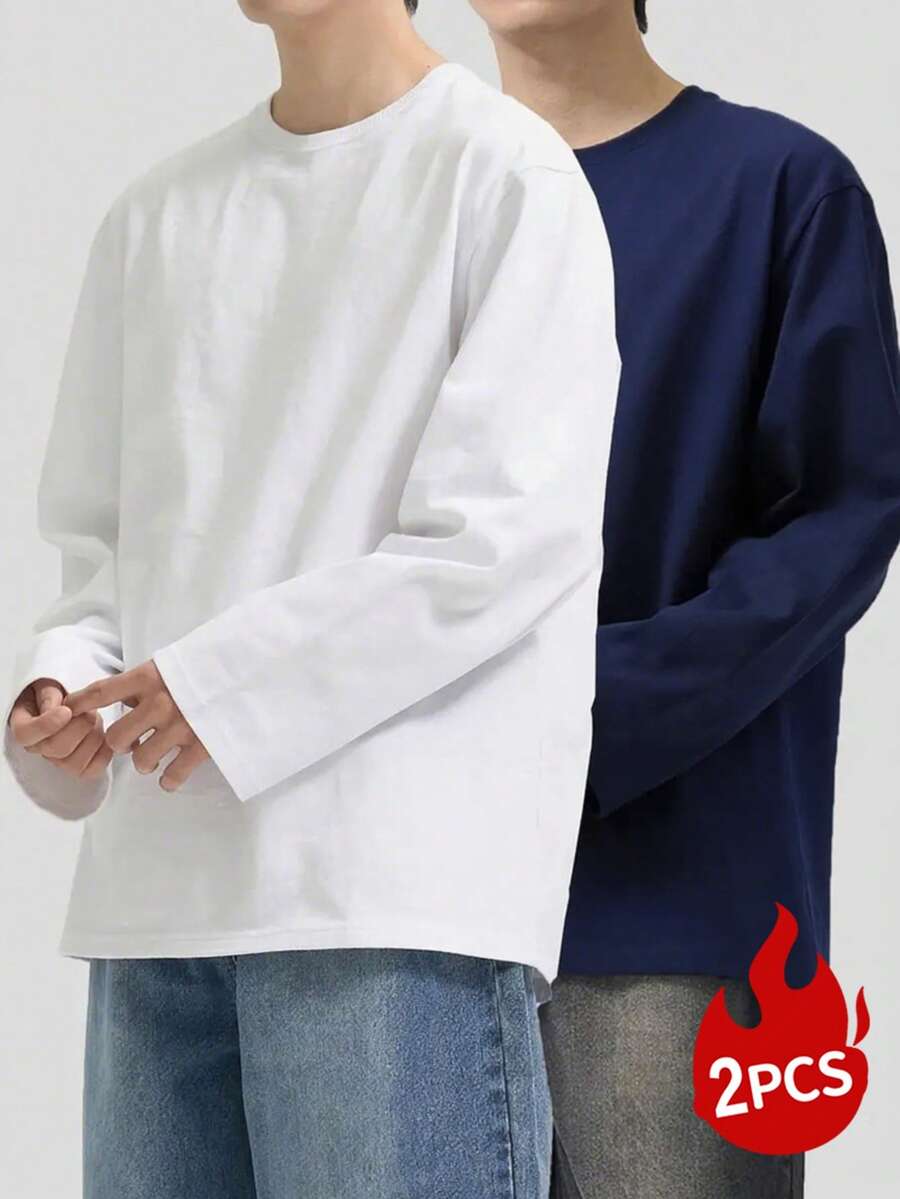 2pcs Men's Solid Color Minimalist Casual Crew Neck Long Sleeve T-Shirts - Multicolor - View 1
