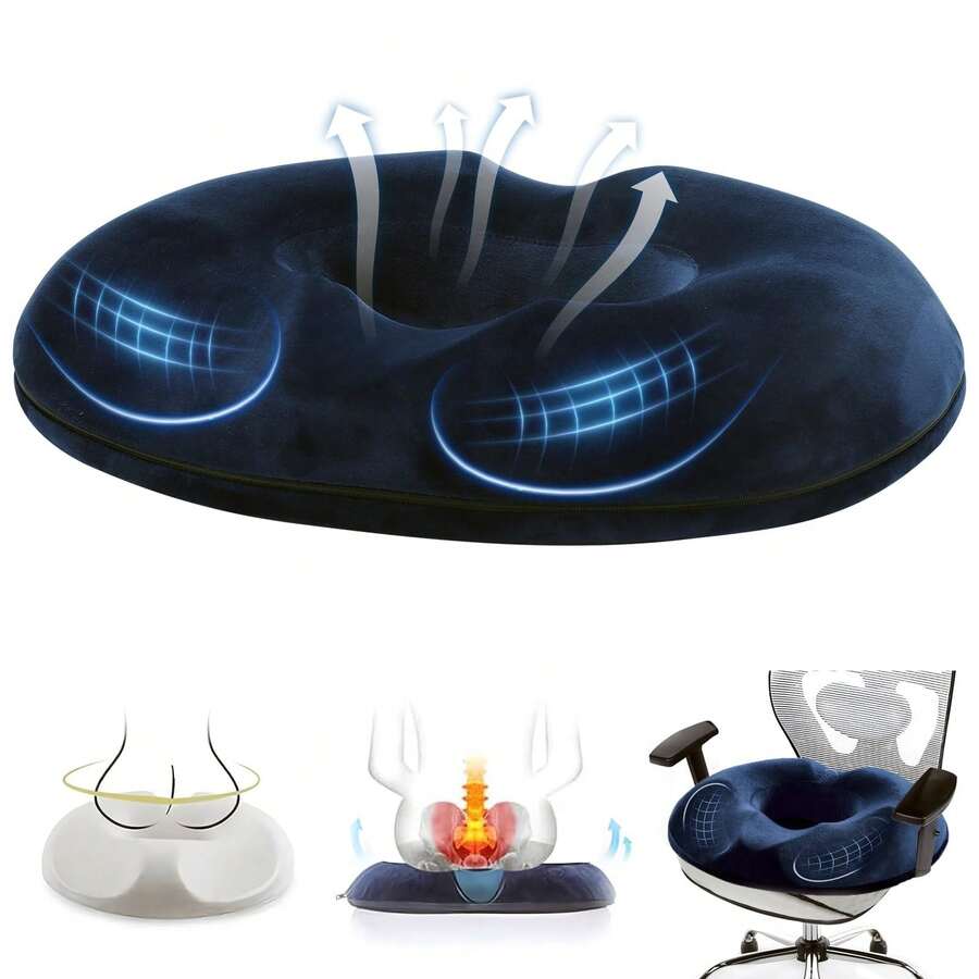 Cojí de Asiento para Oficina en Azul Marino - Espuma Memoria para Hemorroides, Coxis y Cí - Diseño Ergonómico y Transpirable - Azul Marino - Ver 1