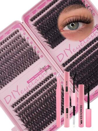 XISHIYO 560 件混合假睫毛簇，适合初学者的假睫毛，配有睫毛胶、卸妆液和镊子，3D 蓬松卷曲睫毛，自然外观，柔软舒适，隐形细茎，亲肤材质，防水防汗，初学者必备（大型 DIY 粉色睫毛书 10D+20D+30D+40D）