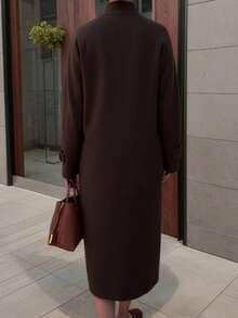 1pc Women's Solid Color Long Loose Warm Overcoat, Suitable For Daily, Office, And Dates In Autumn/Winter - Rust Brown - View 4