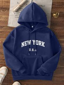 Áo nỉ có mũ lót giữ nhiệt dáng rộng in họa tiết đồ họa dành cho nữ, mùa đông - Màu xanh hải quân - Xem 3