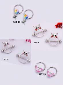 2pcs Skin-Friendly Hypoallergenic Titanium Steel Fox Head, Sunflower, Butterfly, Zirconia Flower Nipple Rings, 14G Circular Nipple Rings, Unisex Sexy Fashion Piercing Jewelry