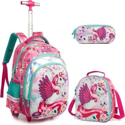 Egchescebo 3-In-1 Girls Rolling Backpack With Wheels, Modern Pink, 17&#39; X 12&#39; X 8&#39;, 25L, Waterproof, Graphic Animal Theme, 7 Pockets, 3 Compartments, For Girls Aged 6-18, School, Travel