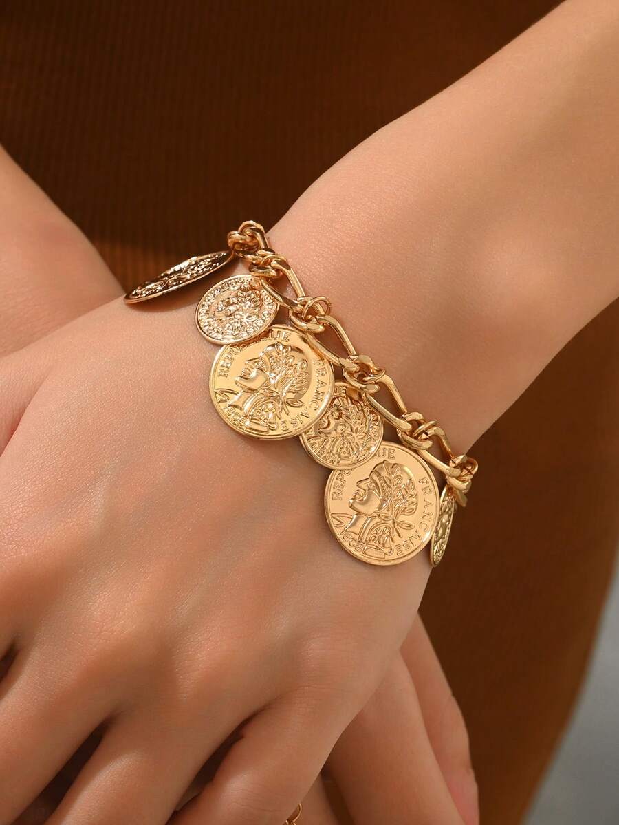 1pc Fashionable Minimalist Vintage Portrait Coin Badge Charm Chain Women Bracelet, Suitable For Casual, Holiday, Date, Gift, Party