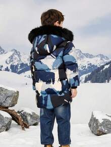 8-13Y Unisex Thickened Hooded Jacket, Suitable For Cold Weather Outdoor Casual Wear, Mid-Length Fitted Style, Detachable Hood, Practical Pockets, Letter Embroidered Arm Patch And Chest Logo Design, Fashionable Mid-Length Hooded Warm Winter Coat