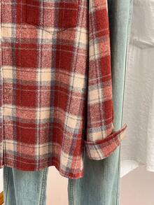 女式拉绒法兰绒衬衫夹克，复古格子纽扣上衣，带 Polo 领和口袋，舒适的办公室和休闲衬衫，适合秋冬春季 - 紅色格子 - 查看 9
