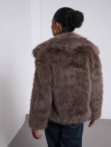 女式休闲仿毛领长袖外套夹克，时尚优雅，秋冬 - 咖啡棕 - 查看 6